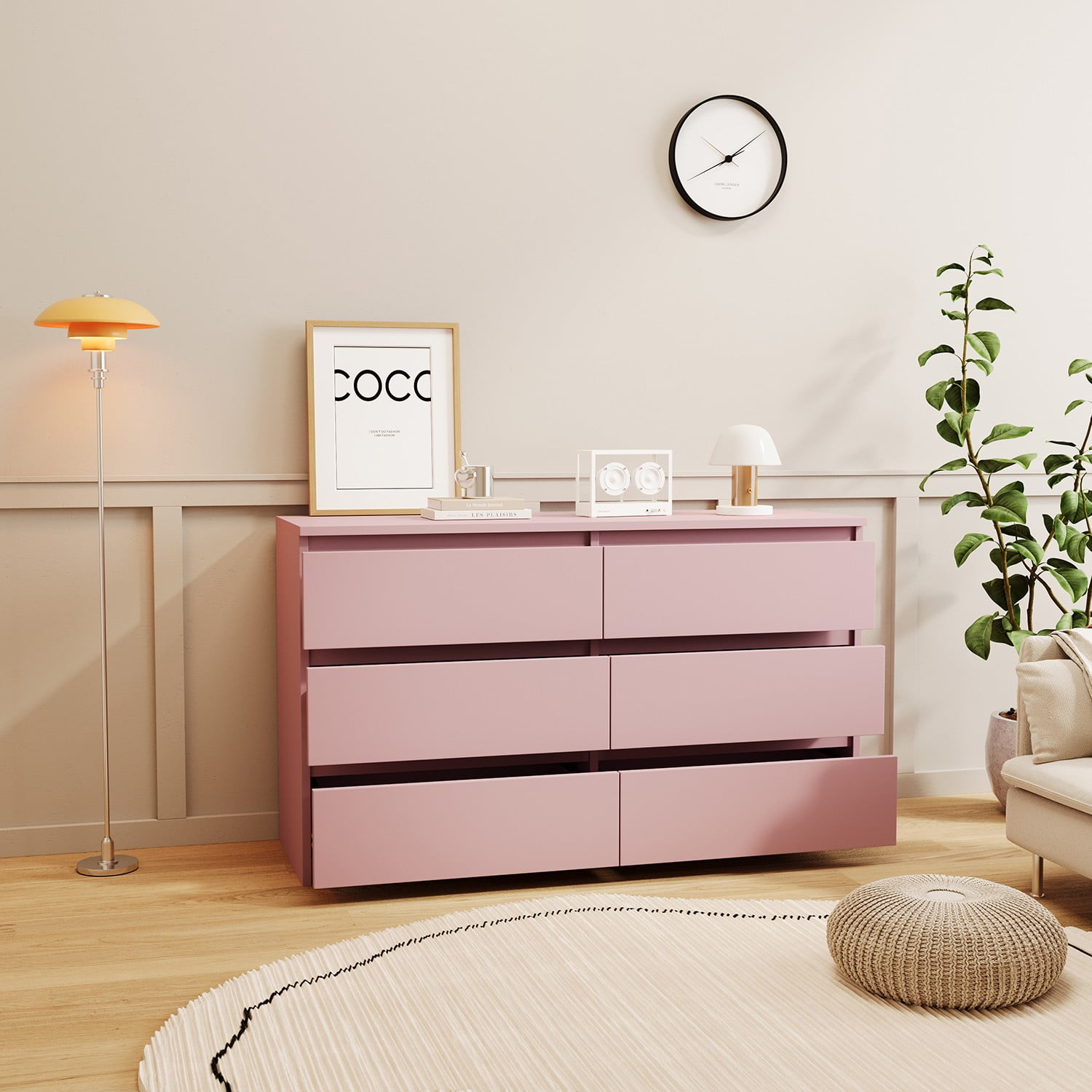 Resenkos Modern Mid Century 6 Drawer Wide Dressers Chests for Bedroom, Chest of Drawer Organizer Pink