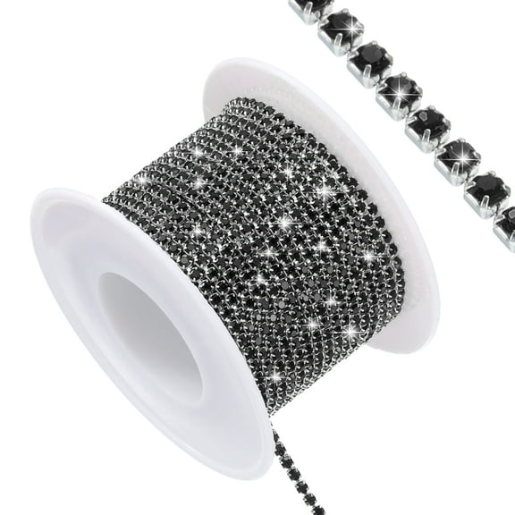 Uxcell 11 Yard Crystal Rhinestone Close Chain Trim, Crystal Rhinestone Diamond Strips, Black Rhinestone with Silver Base
