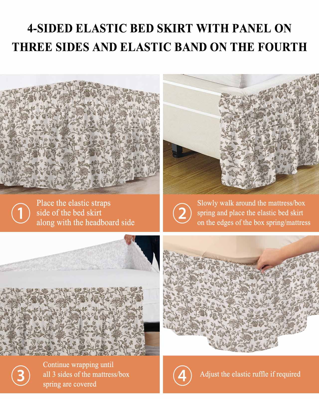 Farmhouse Brown Bed Skirt Cal King Size, Vintage Flower Leaf Botanical Plant Wrap Around Bed Skirting with Adjustable Elastic Strap, Dust Ruffled Pleated Bedskirts 16 Inch Drop for Bedroom Beds