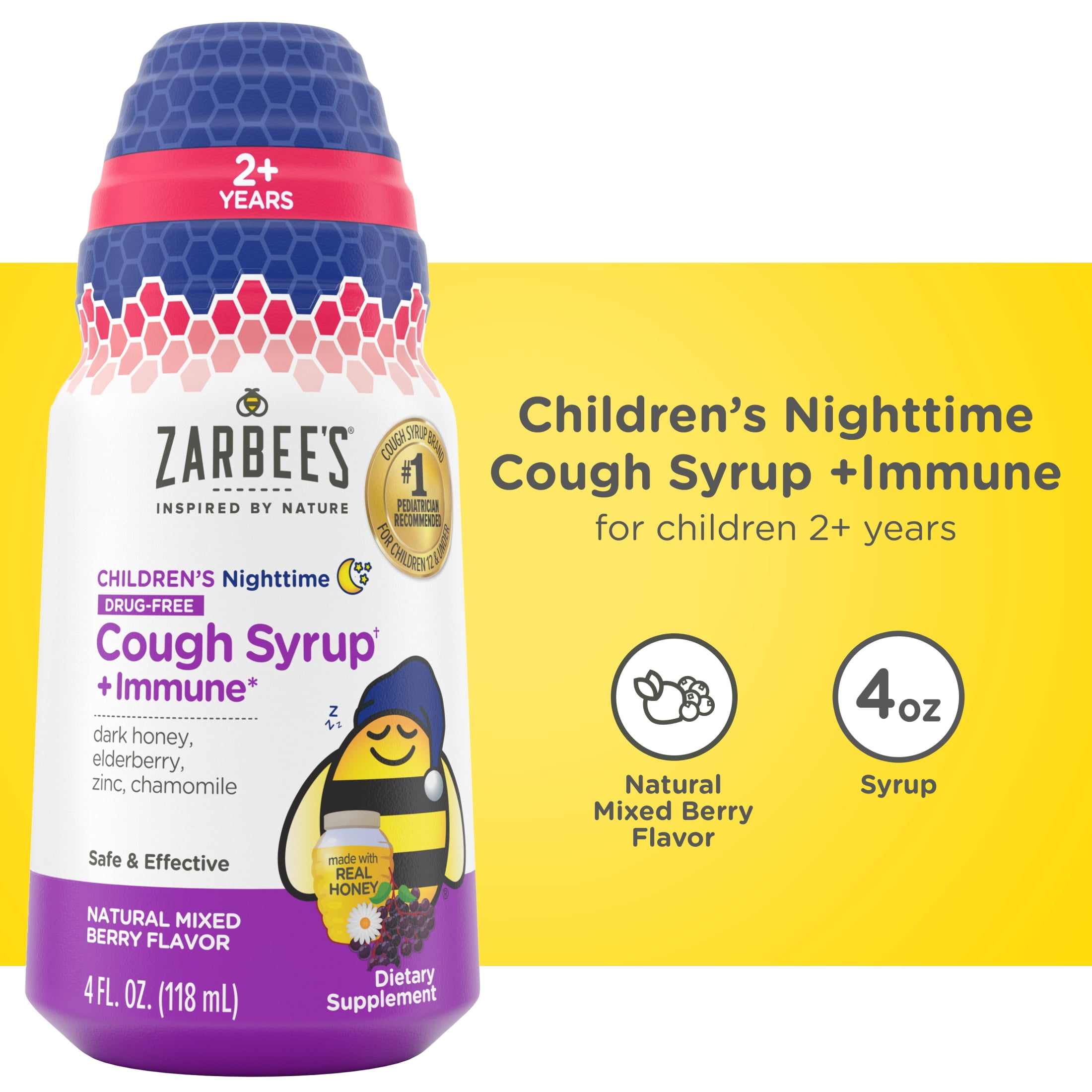 (4 pack) Zarbee's Children's Night Honey Cough Syrup + Immune, Berry, 4 fl. oz
