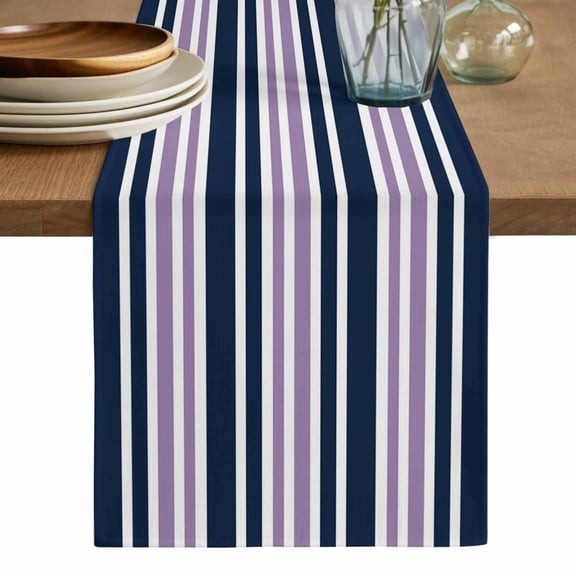 Navy Blue Purple Striped Table Runner, Gradient Horizontal Lines Washable Cotton Linen Table Runners 36 Inches Long, Dresser Scarf Runner for Nightstand/End Tables/Round Tables 13''x36''