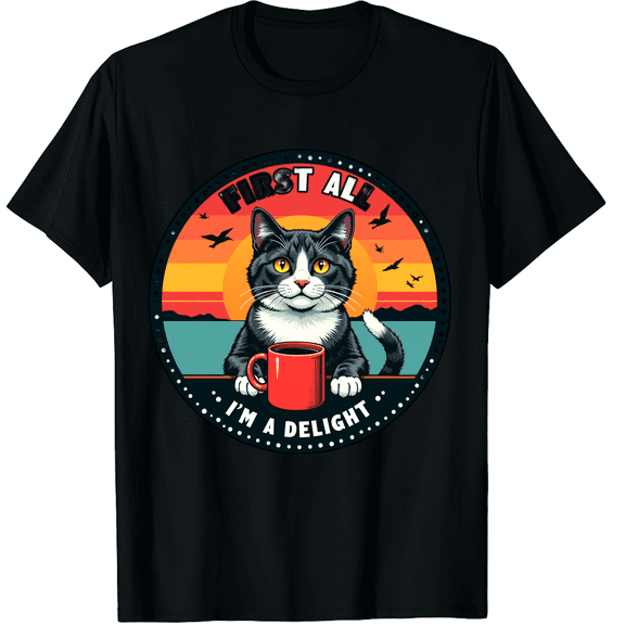 First of All I'm A Delight Cat Coffee Men Women Short Sleeve Graphic T-Shirt, Caffeine Lover Gift