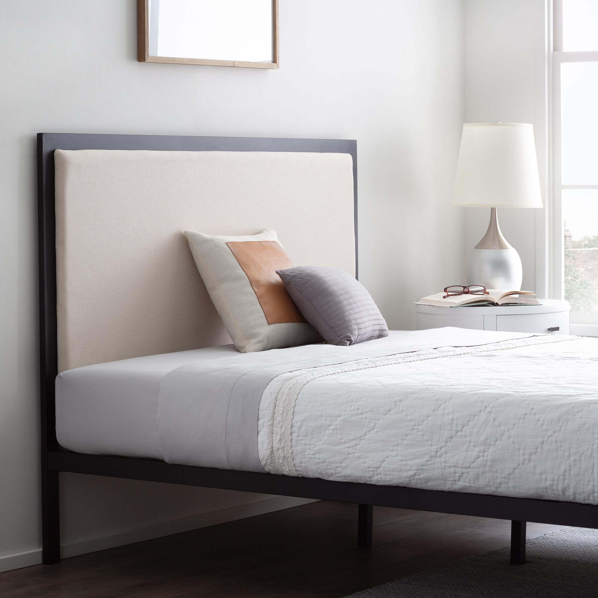 Rest Haven Metal Platform Bed Frame with Upholstered Headboard, Queen, Oat