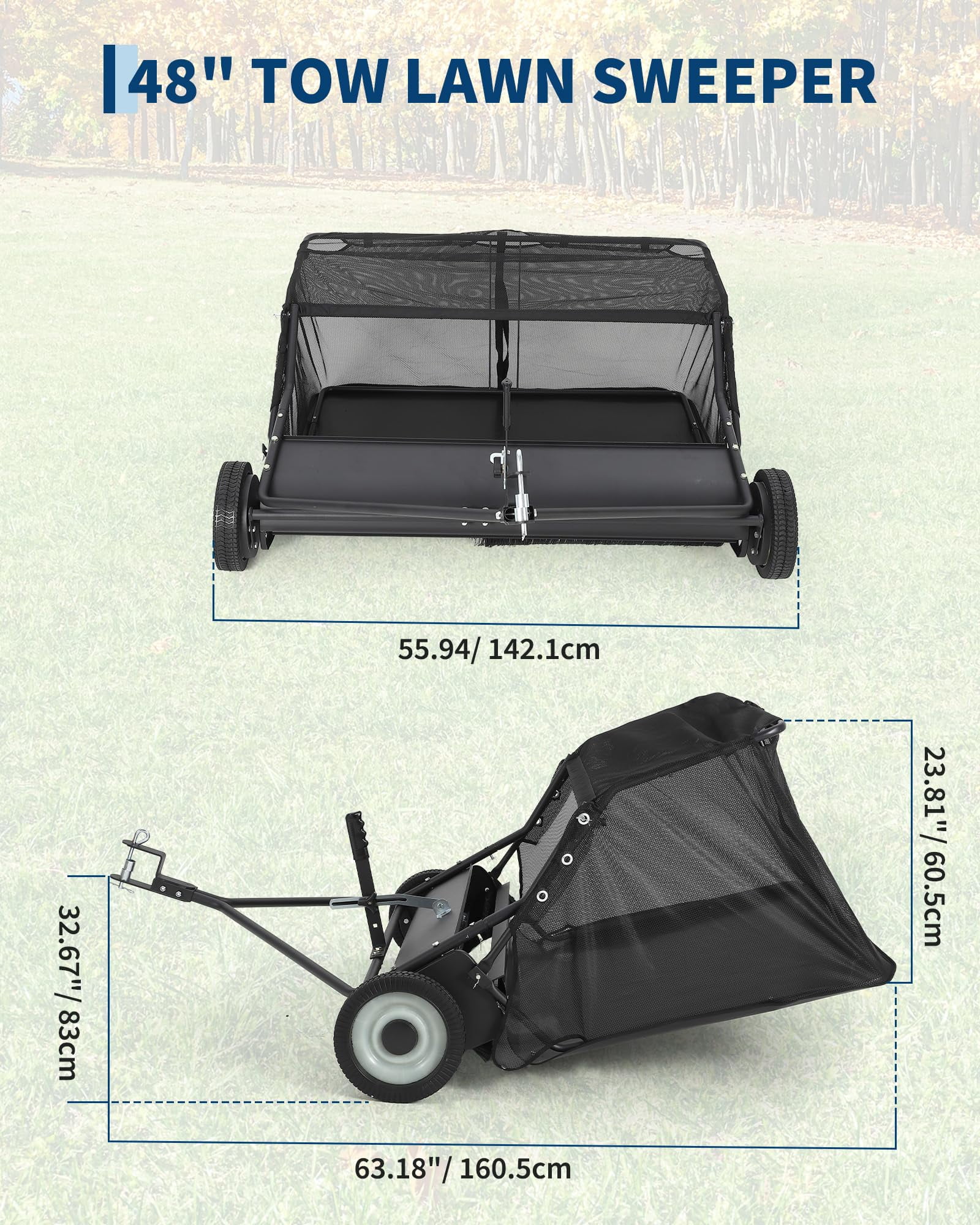 Lawn Sweeper, Tow Behind 48" Heavy Duty Yard Sweeper Pull Behind Tractor, 25 Cu.Ft Large Hopper & Adjustable Sweeping Height, Universal Leaf Grass Collector for ATV UTV - Black