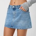 thumbnail image 4 of Women Denim Mini Skirt Casual A Line High Waist Button Zipper Closure Five Pocket Design Raw Hem Skirt Light Blue L, 4 of 8
