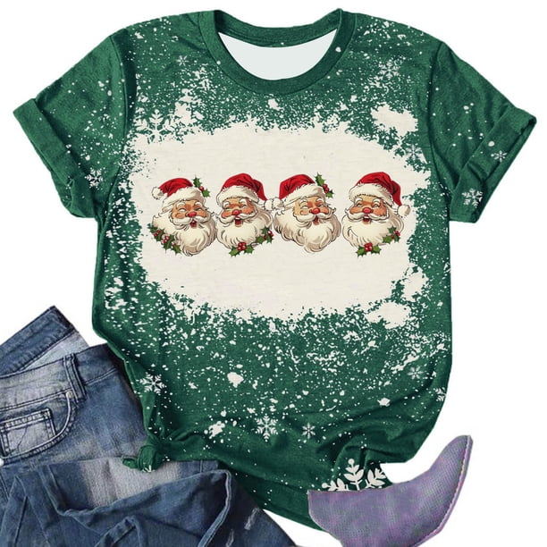 Puntoco Camiseta de manga corta con cuello redondo y estampado navideño a la moda para mujer