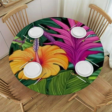 

HAOXIT Tropical Plants Elastic Edged Round Tablecloth And Washable Spill Proof Table Cloth Great for Home Kitchen/Parties/Holiday Dinner Fit Round Table Green Red 54-58