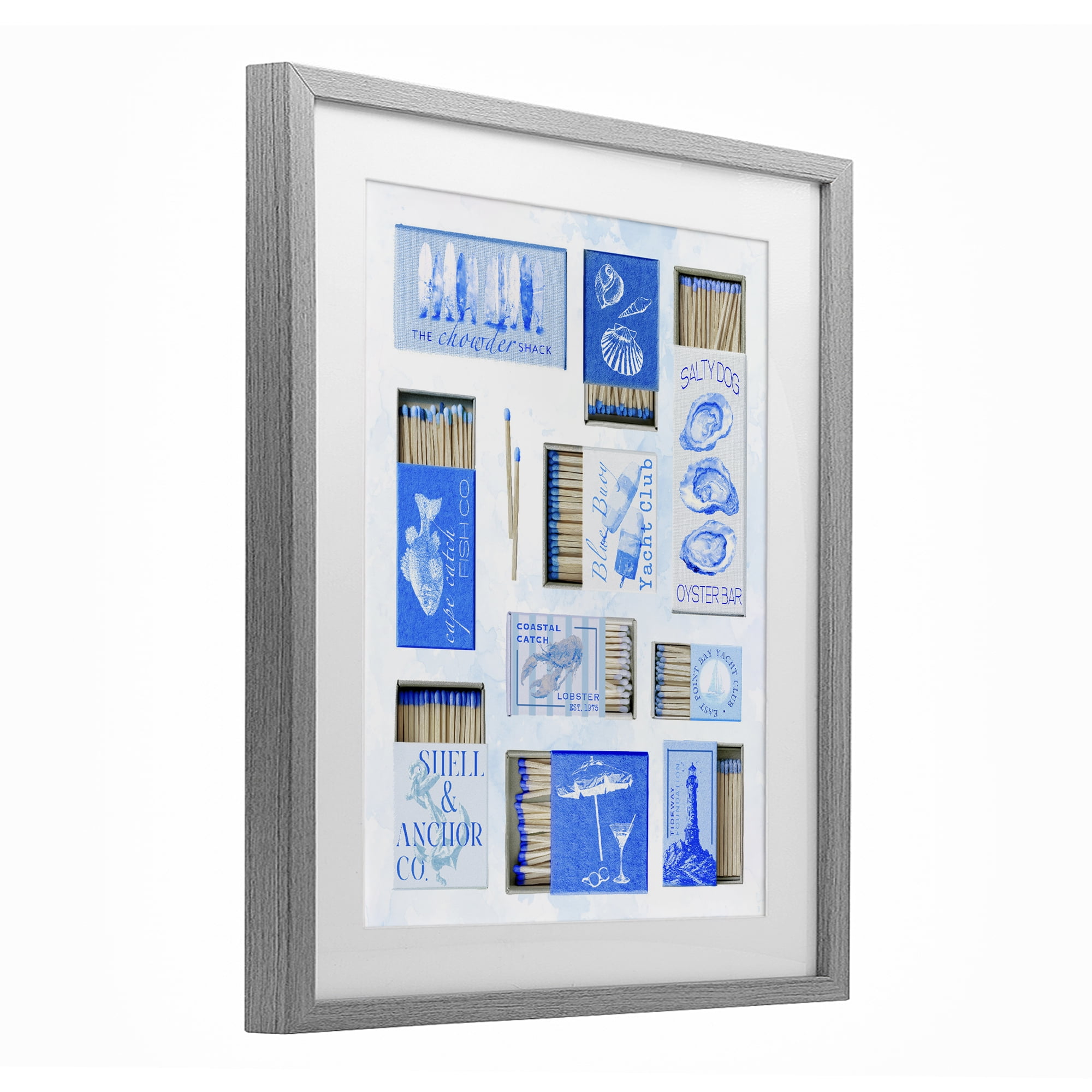 Blue Coastal Matchboxes Gray Framed Print Under Glass, design by Ziwei Li