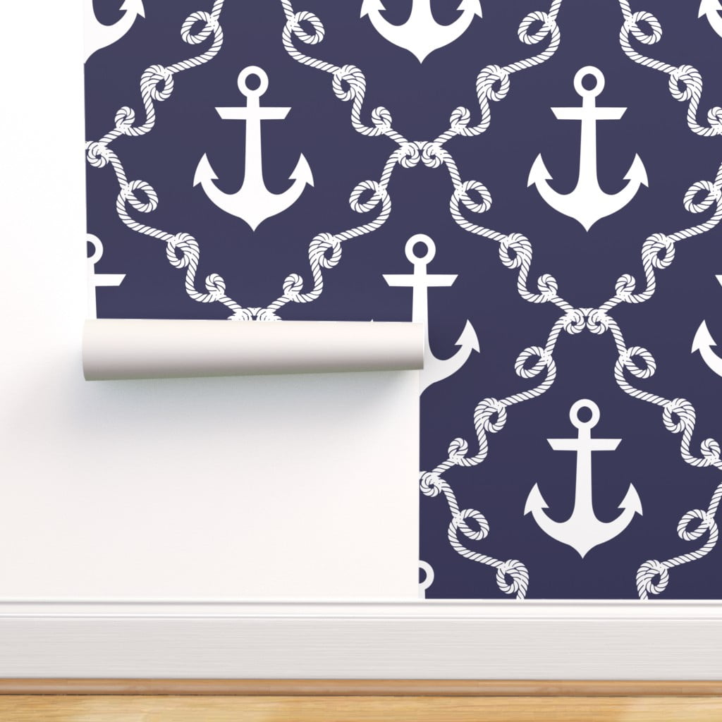 Peel & Stick Wallpaper Swatch - Anchor Damask Navy Anchors Beach House