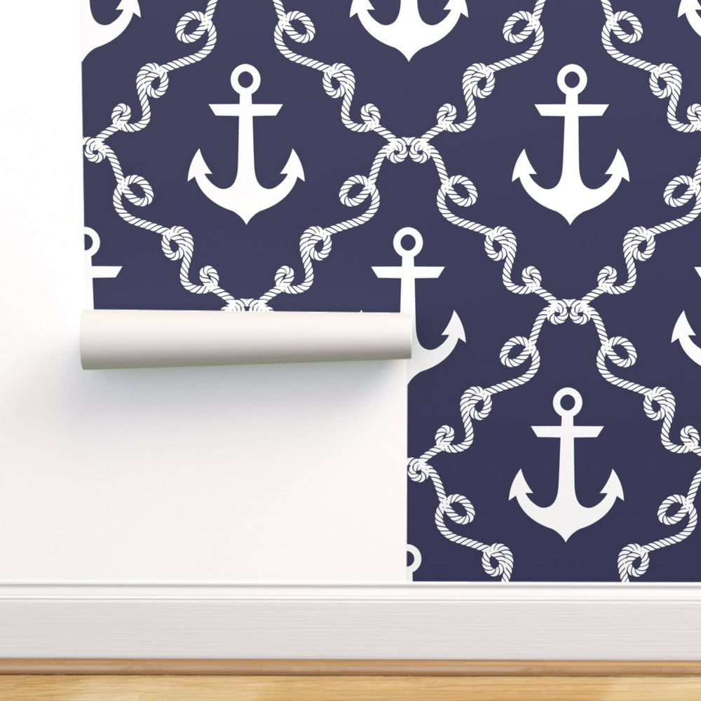 Peel-and-Stick Removable Wallpaper Navy Blue Nautical Anchors Beach