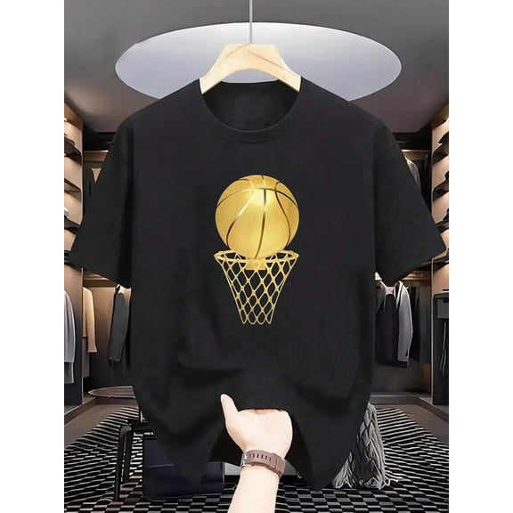 Men's Black Basketball T-Shirt - Gold Ring Design, Lightweight & Breathable, Short Sleeve for Summer