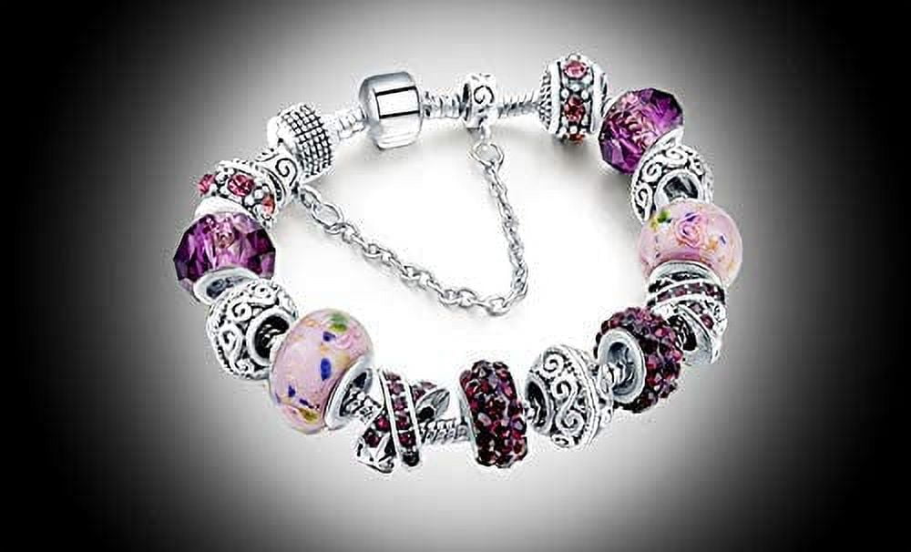 Savlano Silver Tone Charm Bracelet With Pink Crystal And Murano