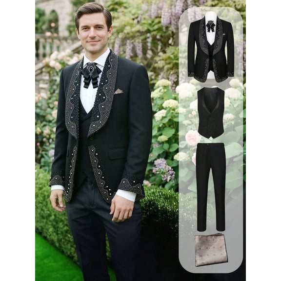 Beauty-Emily Men’s 4-Piece Rhinestone Tuxedo Suit – Single-Breasted Blazer, Vest, Pants & Pocket Square for Wedding, Prom & Formal Events