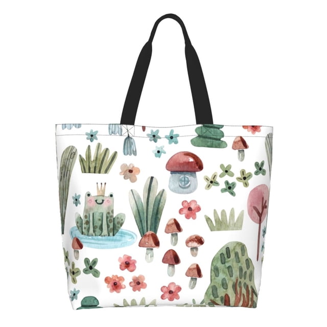 Balery Frog and Forest Plants Bolsa Tote Estilo Estético con Cremalleras, Bolsa de Hombro, Bolsa de Compras Grande y Plegable