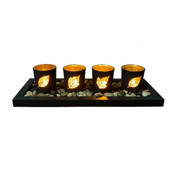 Rvaymup Glass Leaves Candle Holder Ornament Set Natural Stones Wooden Tray for Home Bedroom Tabletop Decoration Candlestick