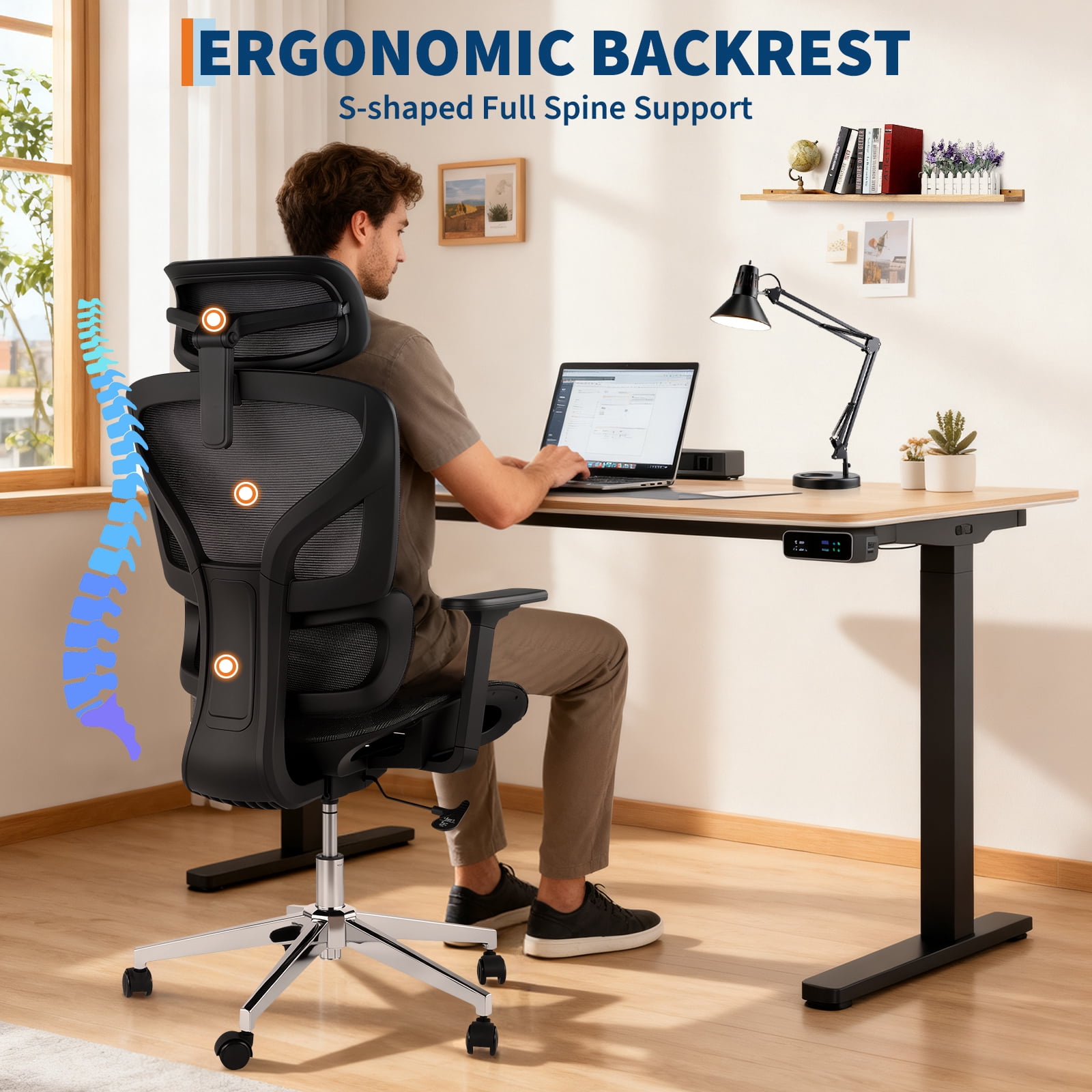 Accreate Ergonomic Mesh Office Chair, High-Back Executive Chair with Adjustable Lumbar Support, Breathable Desk Chair with 360° Swivel and Rolling Casters, Comfortable Computer Chair for Home Office