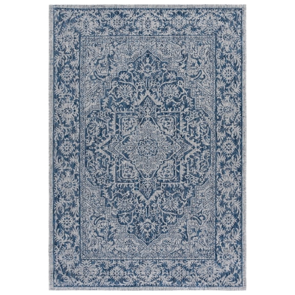 SAFAVIEH Courtyard Joey Medallion Indoor/Outdoor Area Rug, Light Grey/Navy, 4' x 5'7"