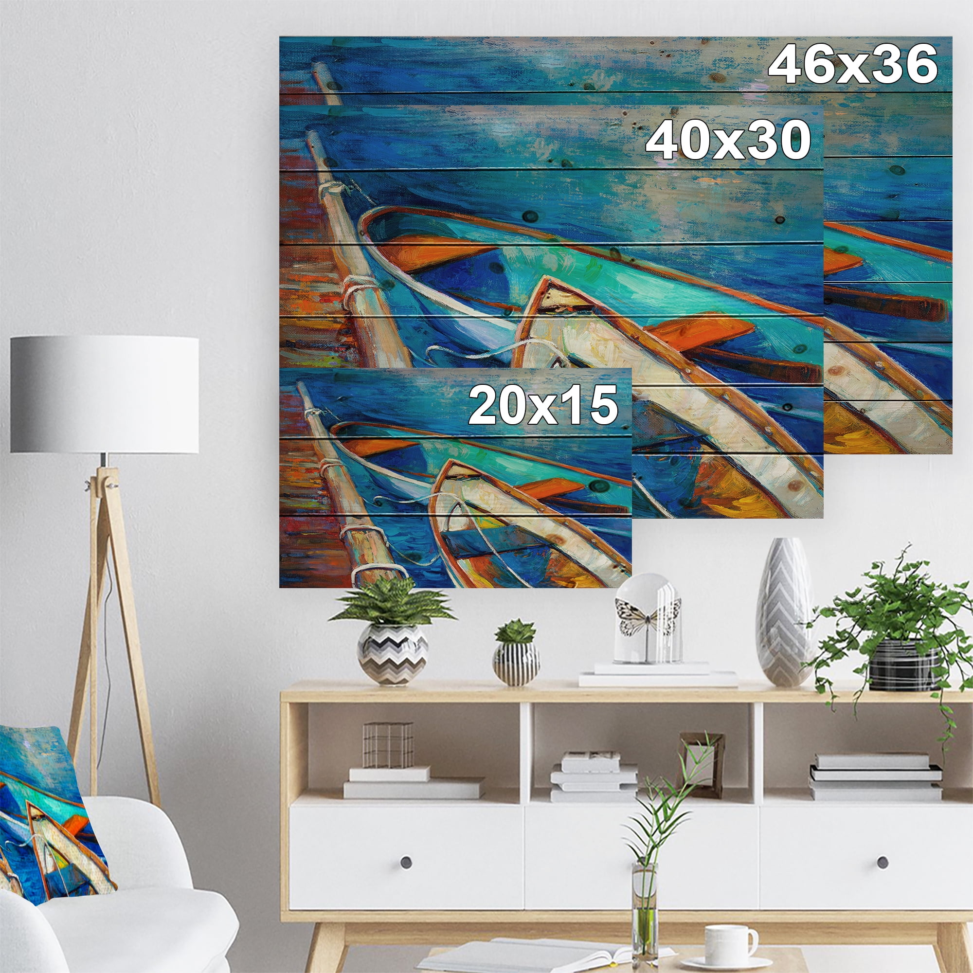 Designart 'Boats and Pier in Blue Shade' Seascape Print on Natural Pine Wood