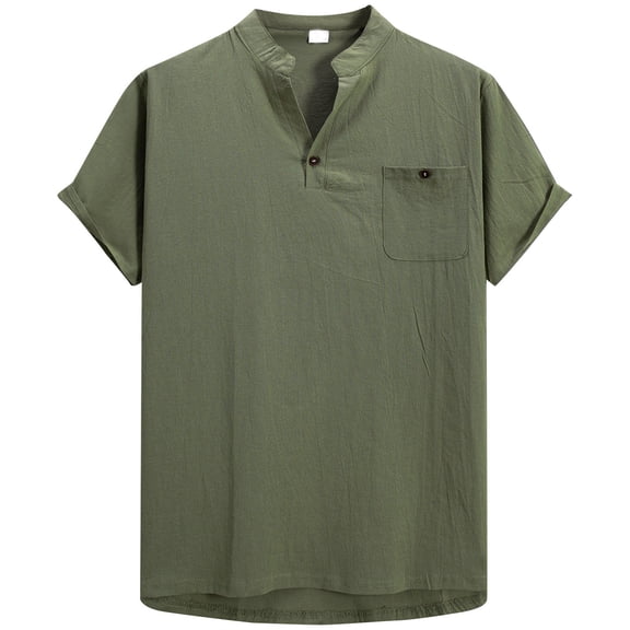 Rggeeun Men'S Tee Solid Color Henley Buttons Short Sleeve Collar Patch Pocket Cotton Linen Knit For Evening Party Casual Tops,Army Green,L