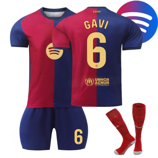 GZSL 2425 Barcelona Home Football Training Kit, Number # 6 Soccer Jersey, Colorful Short-Sleeve Kids Football Jersey with Gold Lettering and Large Logo Three-Piece Set/22