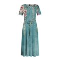 thumbnail image 6 of LWavelet Women's Plus Size Vintage Green Maxi Dress Short Sleeve Tie Waist Casual Lace Trim Dress with Pockets Blue L, 6 of 7
