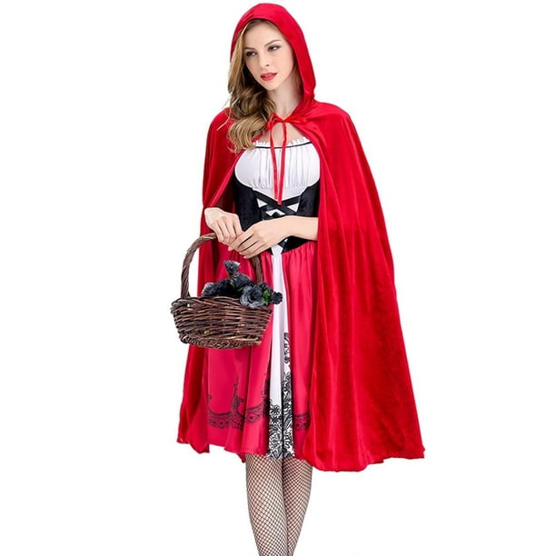 Women Little Red Riding Hood Costume Christmas Halloween Party Dress with  Cape 