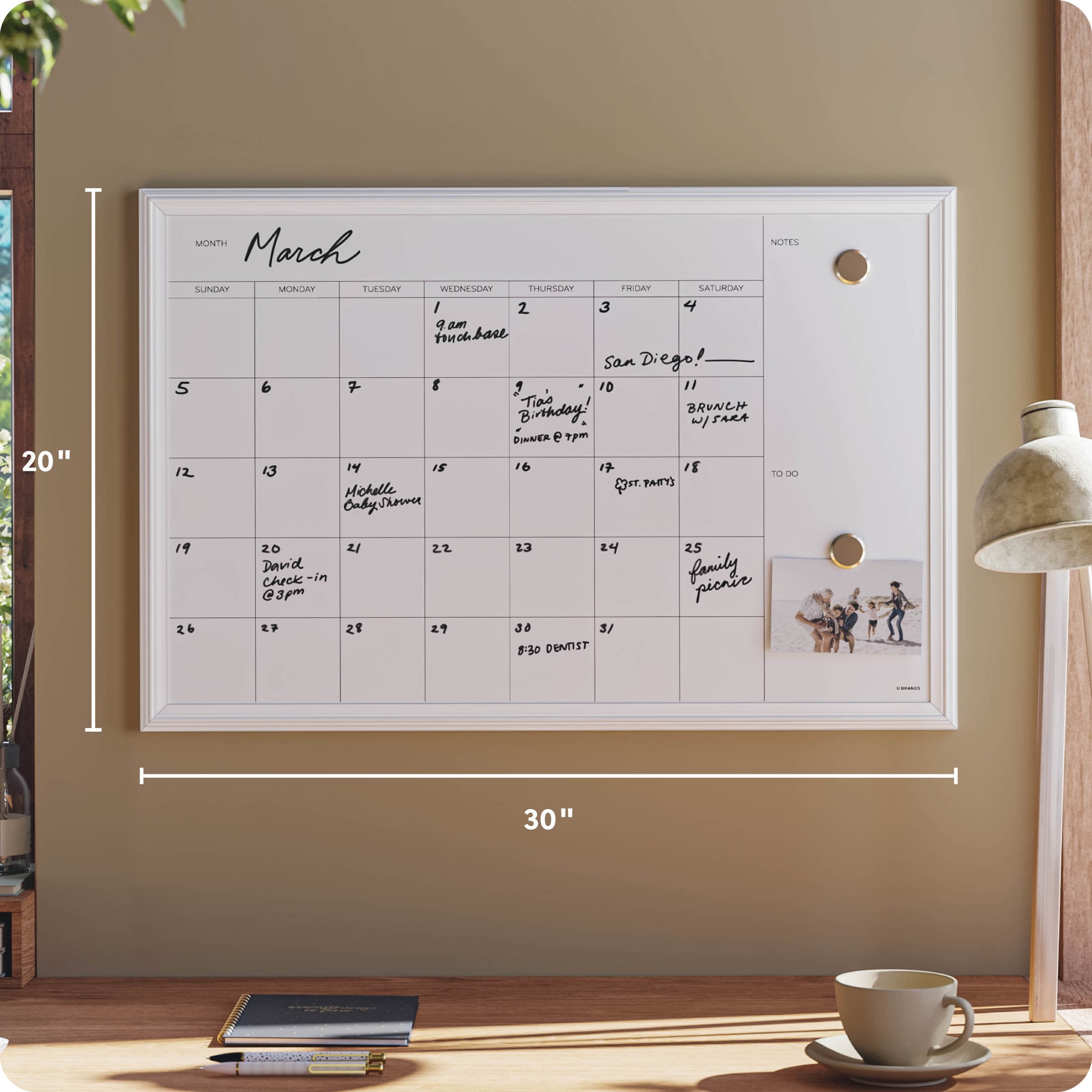 U Brands 30 x 20 Magnetic Dry Erase Calendar Whiteboard, White Wood Frame