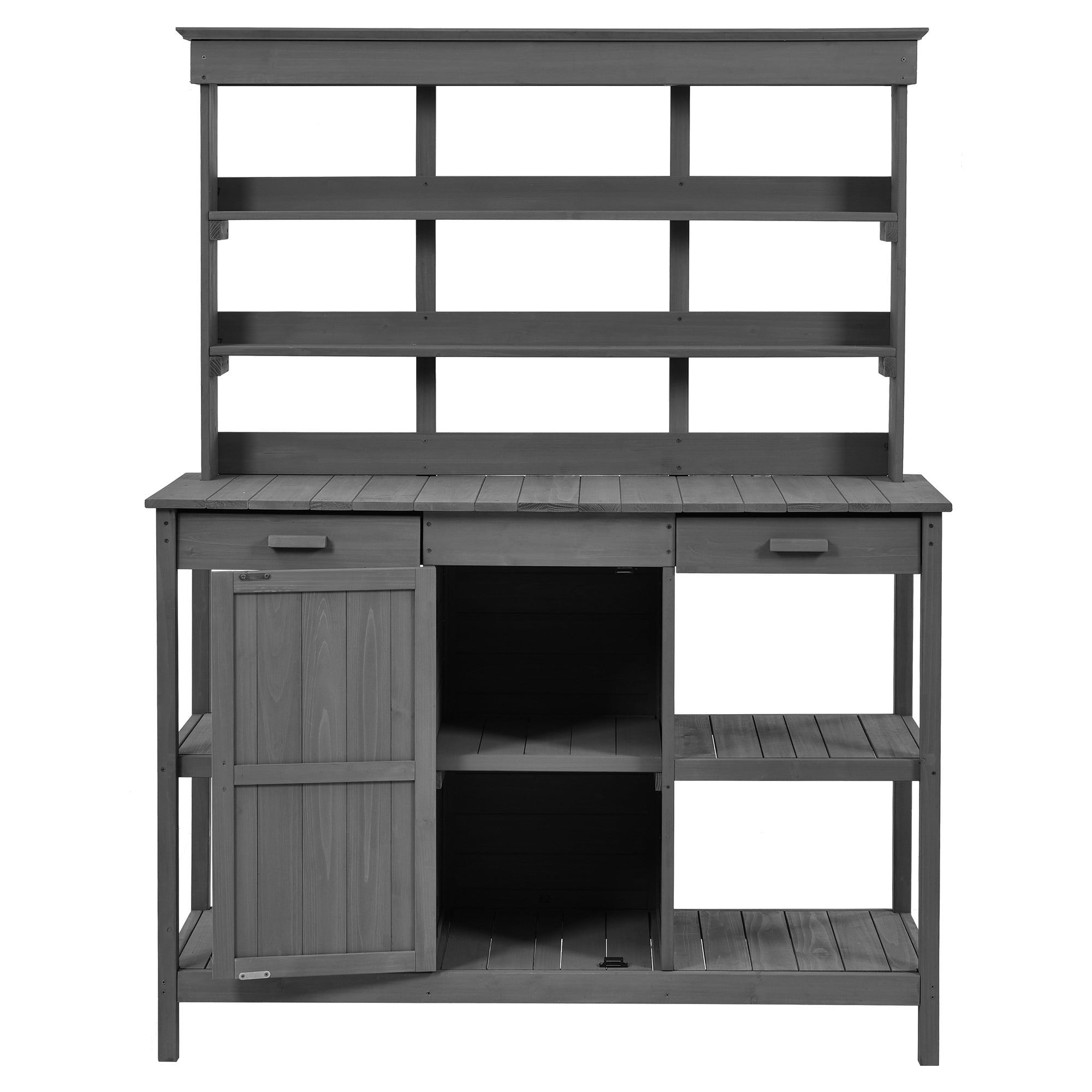 Yoneston 66"H Outdoor Farmhouse Wooden Potting Bench Table, Garden Workstation with 2 Drawers, Cabinet and Open Shelves for Gardening Backyard Mudroom, Gray