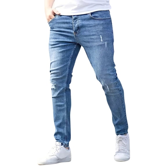 Yifymode Men's Slim Fit Skinny Jeans Distressed Moto Biker Denim Pants Hip Hop Stretch Straight Leg Flex Waist,Blue L