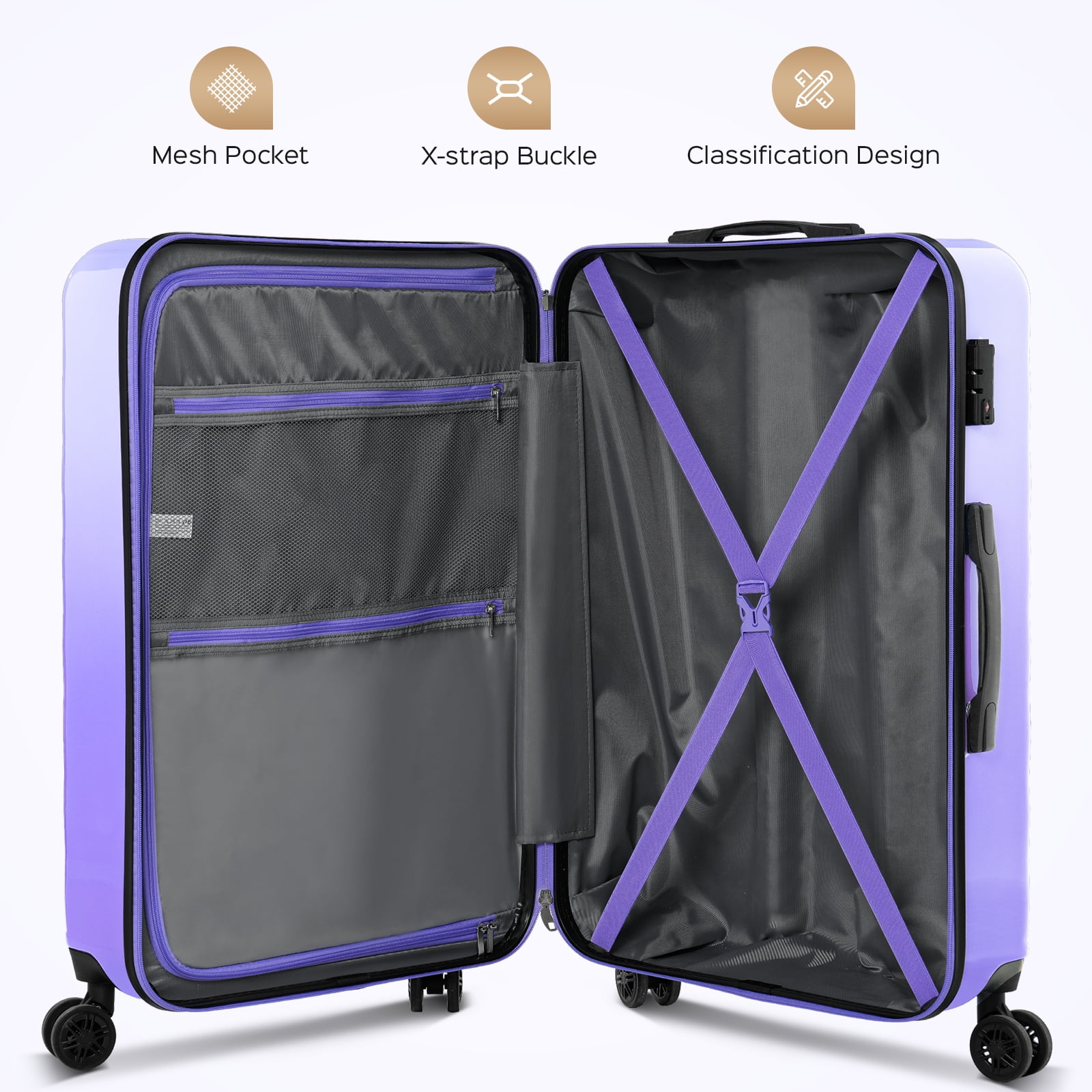 28-inch PC + ABS Large Checked Suitcase with Spinner Wheels and TSA Lock for Travel Trips Business, Purple
