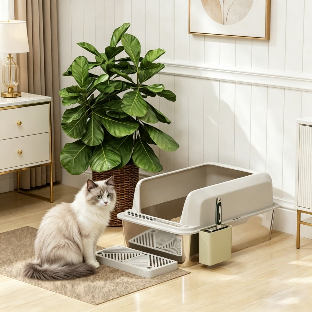 Stainless Steel Cat Litter Box with High Side Wall, Anti-Spill & Anti-Tracking, Includes Scoop & Storage Box