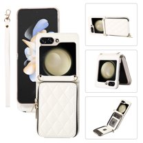 SaniMore for Samsung Galaxy Z Flip 5 Buisness Case, Zipper Purse [Card Holders] Magnetic Clasp Flip Kickstand Wrist/Crossbody Lanyard PU Leather Wear-resistant Full Protective Wallet Shell, White