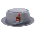 thumbnail image 2 of Montique Men's Grey Stingy Brim Teardrop Dent Pork Pie Wool Felt Hat with Feather H45, 2 of 4