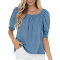 thumbnail image 1 of Camiseta superior para mujer, blusa de color puro, cuello redondo, media manga, puño elástico para oficina en casa, 1 of 5