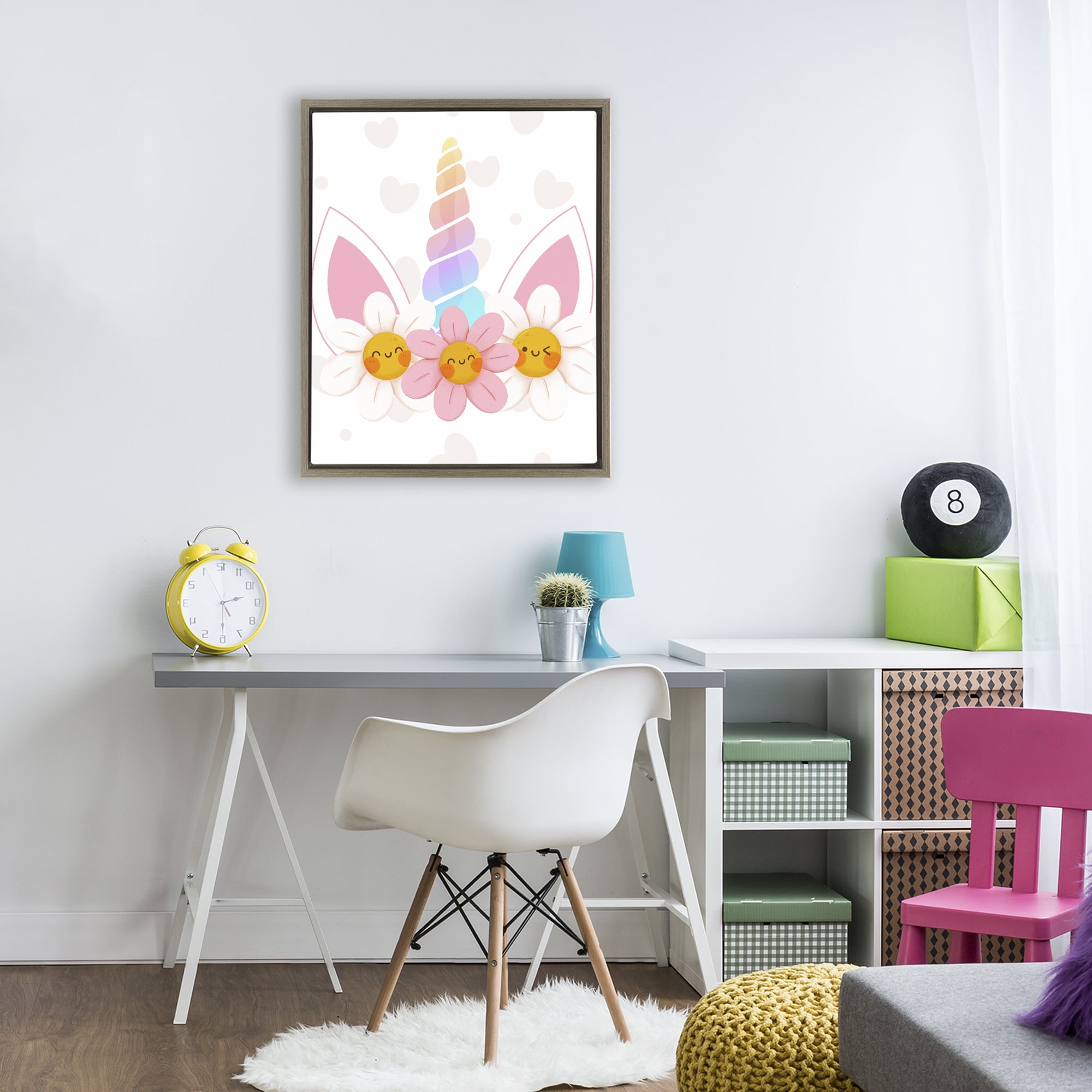 Daisy Unicorn with Hearts Brown Framed Floater Canvas Wall Art, design by Jesse Keith