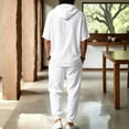 thumbnail image 4 of Men's Beach Outfit 2 Piece Linen Casual Button Down Henley Shirt Short Sleeve Loose Drawstring Hoodie and Harem Pants Vacation Sets for Men Size 3XL White, 4 of 9