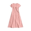 thumbnail image 4 of Women's Cotton Linen Midi Dress Summer Short Sleeve V‑Neck Asymmetrical Button Casual Dress with Side Pockets Pink XL(XL), 4 of 6