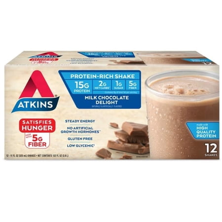 Atkins Gluten Free Protein-Rich Shake  Milk Chocolate Delight  Keto Friendly  12 Count 11 Fl Oz (Pack of 12)