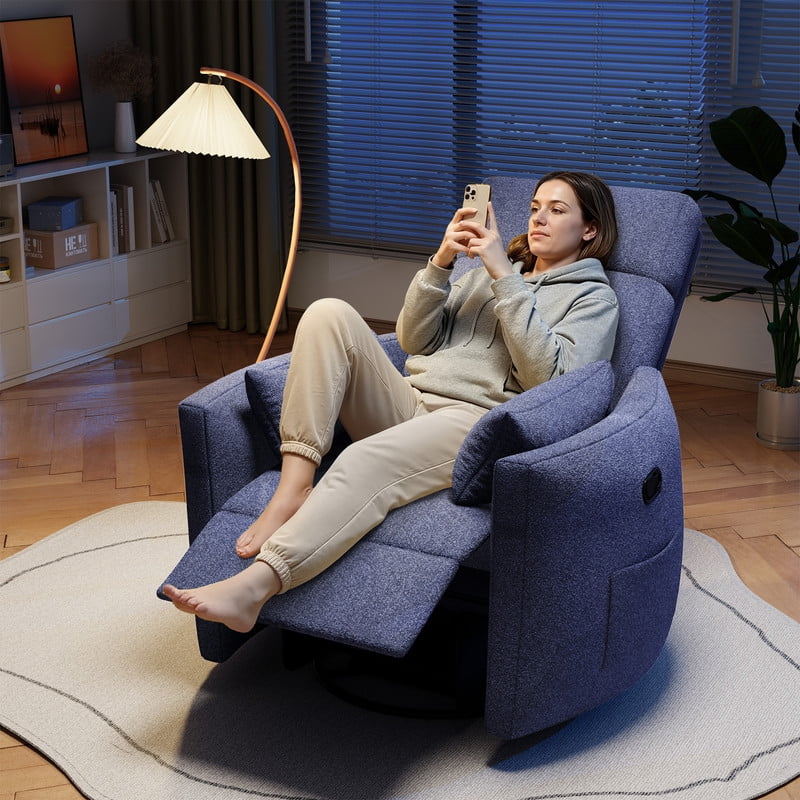 Homall 360° Power Swivel Recliner High Back Adult Rocker Recliner Chair with 2 Pillows for Nursing Expectant Mothers,Loop Yarn Blue