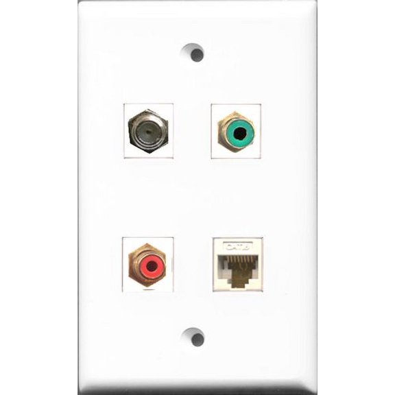 RiteAV 1 Port RCA Red and 1 Port RCA Green and 1 Port Coax Cable TV- F-Type and 1 Port Cat6 Ethernet White Wall Plate