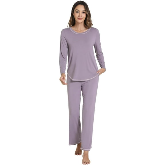 WiWi Women's Pajama Set Crew Neck Soft Long-Sleeve Top and Bottom Sleepwear with Pocket -Viscose from Bamboo S-XXL,Violet,Large