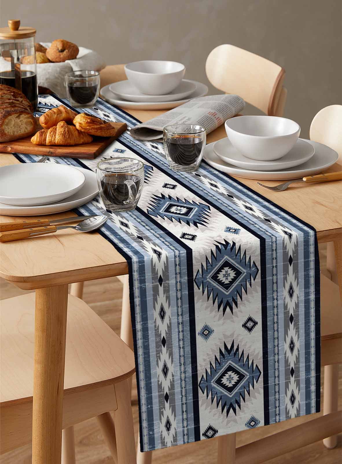Blue Southwestern Burlap Cotton Table Runner 14x72 Inches Long, Boho Aztec Ethnic Abstract Print Farmhouse Table Runners, Outdoor Dining Tablecloths Decor for Baby Shower/Party/Wedding
