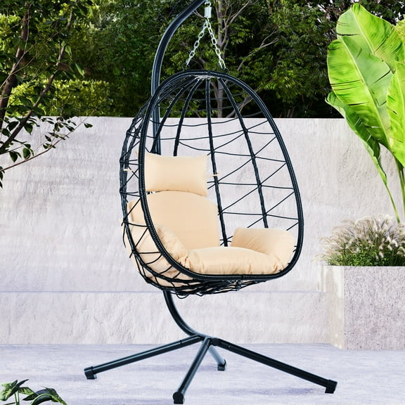 Hanging Egg Chair For Backyard & Poolside: 100% Handmade, Comfortable With Stand Indoor Balcony: Soft, Rust , Beige Cushion