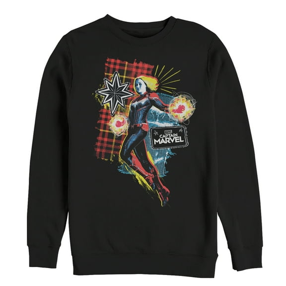 Men's Marvel Captain Marvel Flannel Patch Print Sweatshirt Black Small