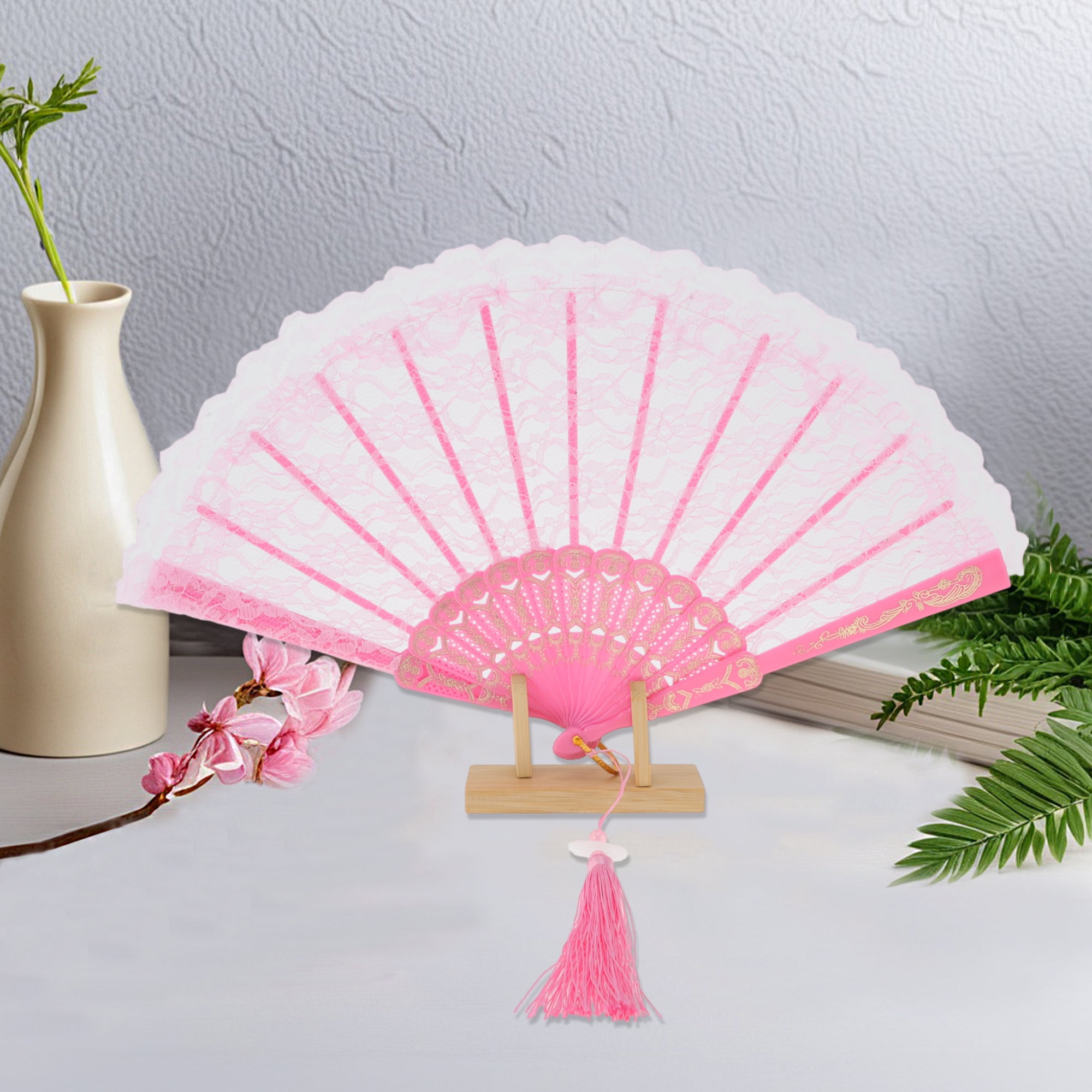 Unique Bargains Lace Trim Orchid with Tassel Folding Fan 1 Pc Pink
