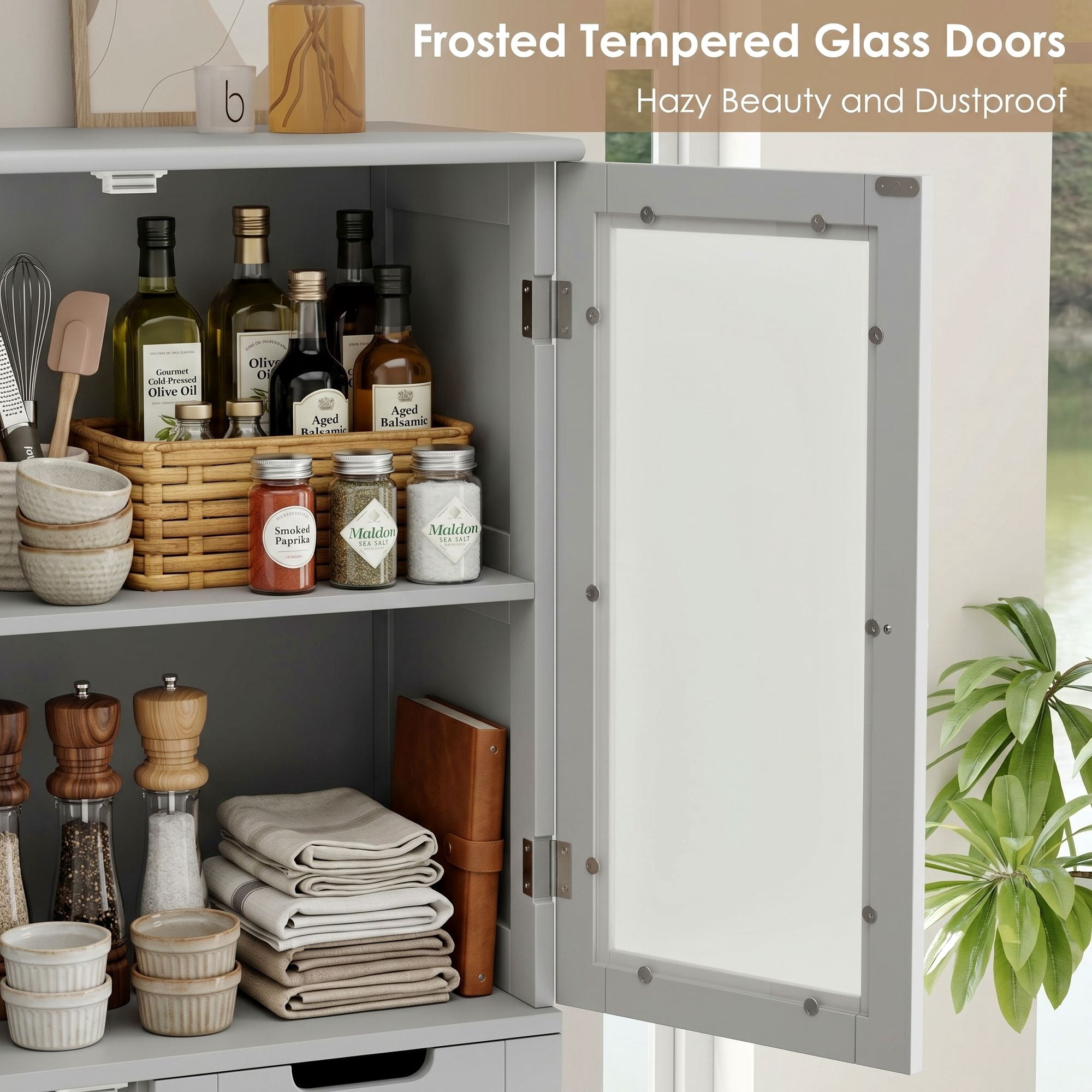 Homfa Kitchen Pantry Storage Cabinet, 67" Pantry Cabinet with Doors and Removable Drawers, Freestanding Cupboard for Dining Room, Gray