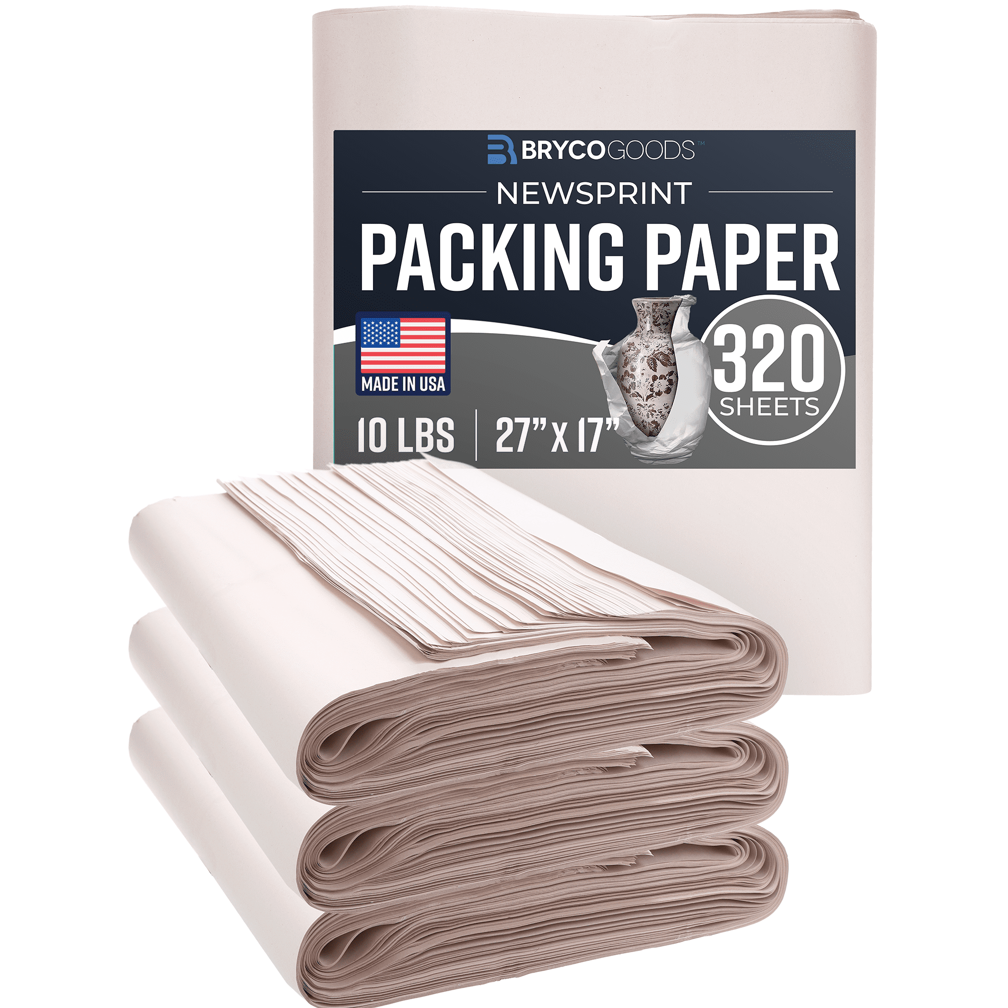 Bryco Goods Packing Paper Sheets for Moving - 10lb - 320 Sheets of Newsprint Paper - Must Have in Your Moving Supplies - 27" x 17" - Made in USA