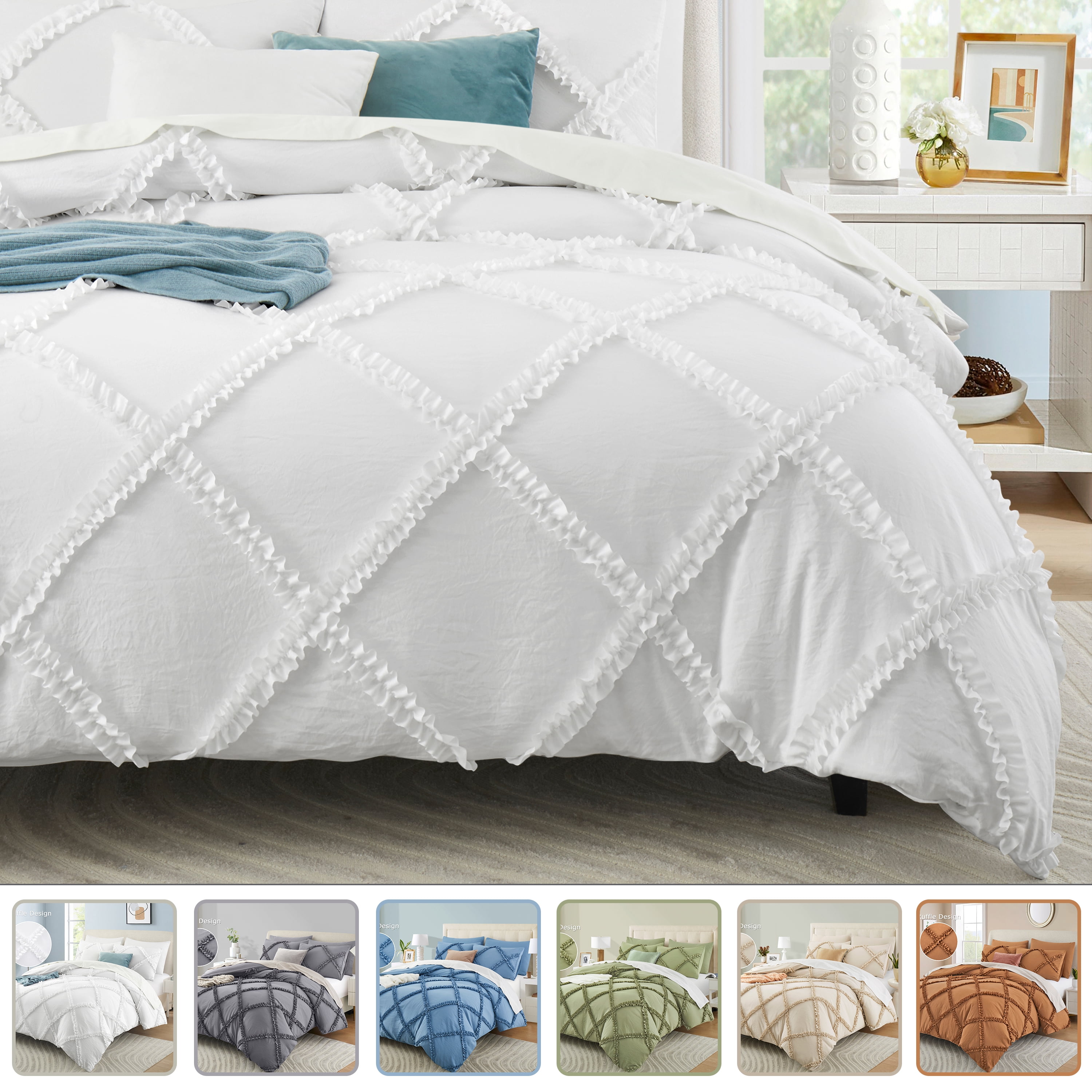 White Duvet Cover King Size Ruffle King Duvet Cover Set, 5 Pieces Textured Duvet Covers