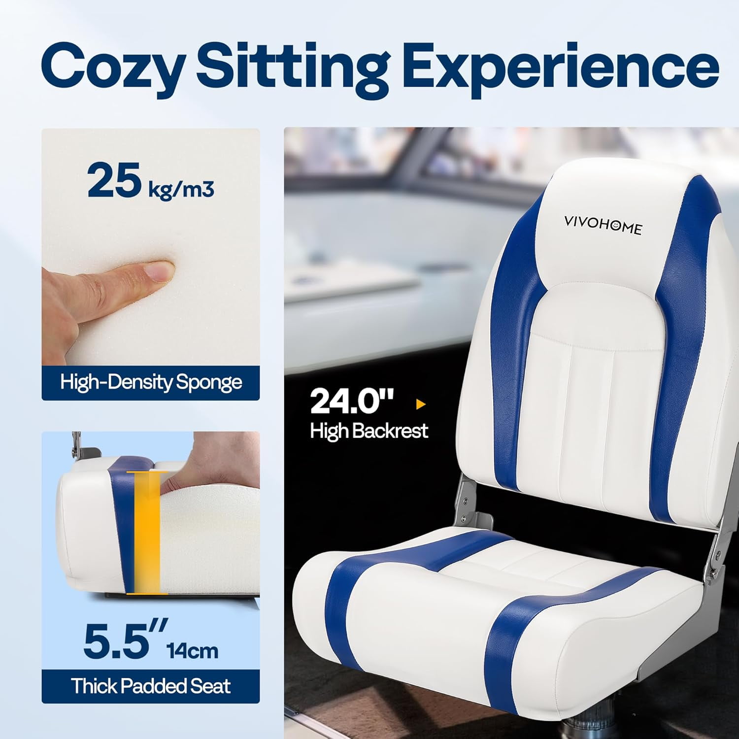SPECSTAR Folding High Back Boat Seats 2 Pack, Waterproof Boat Captain Chairs, 4 Mounting Screws Included, White and Blue
