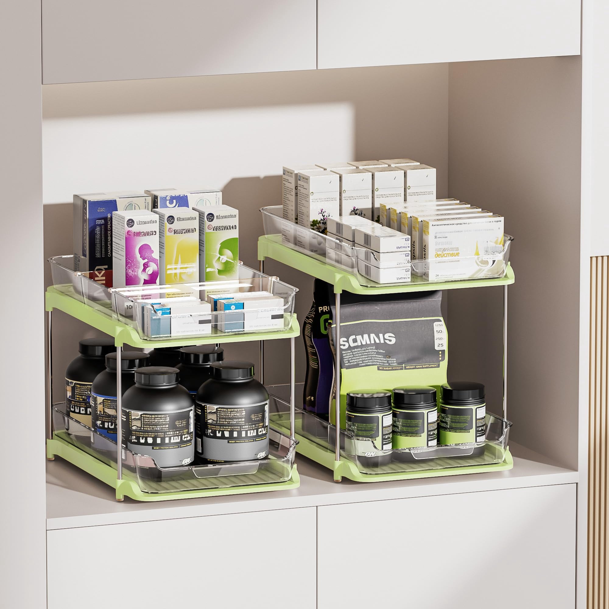 2-tier Multi-purpose Bathroom Under Sink Organizers And Storage  Stackable Kitchen Pantry Organization Pull Out Cabinet Organizer With Movable Dividers Green 2 Pack